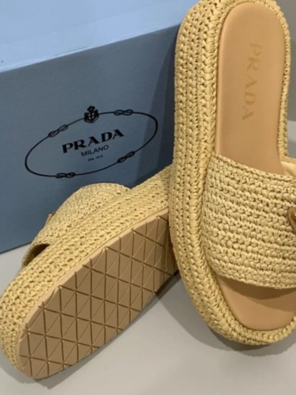 Prada Beige Woven Raffia Slide Sandals Size 37 - Picture 4 of 4